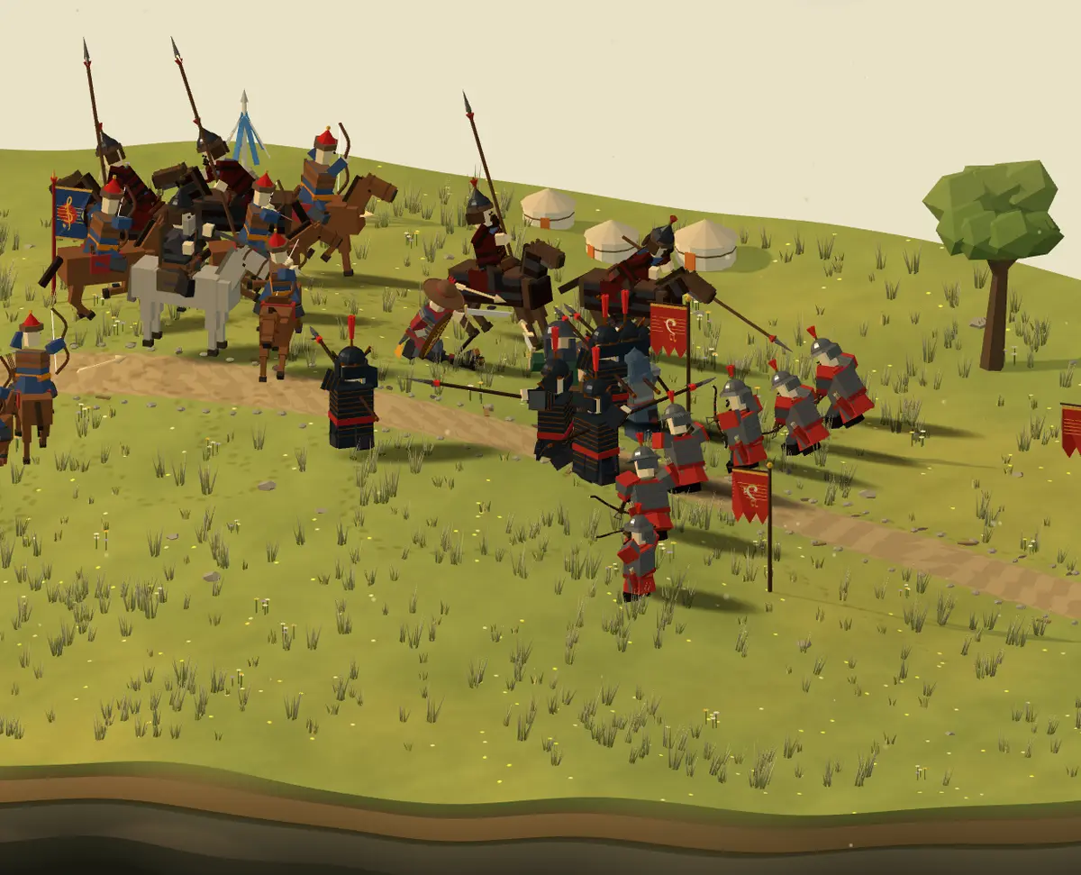 Mongol horse archers riding against Song soldiers on the open steppe.