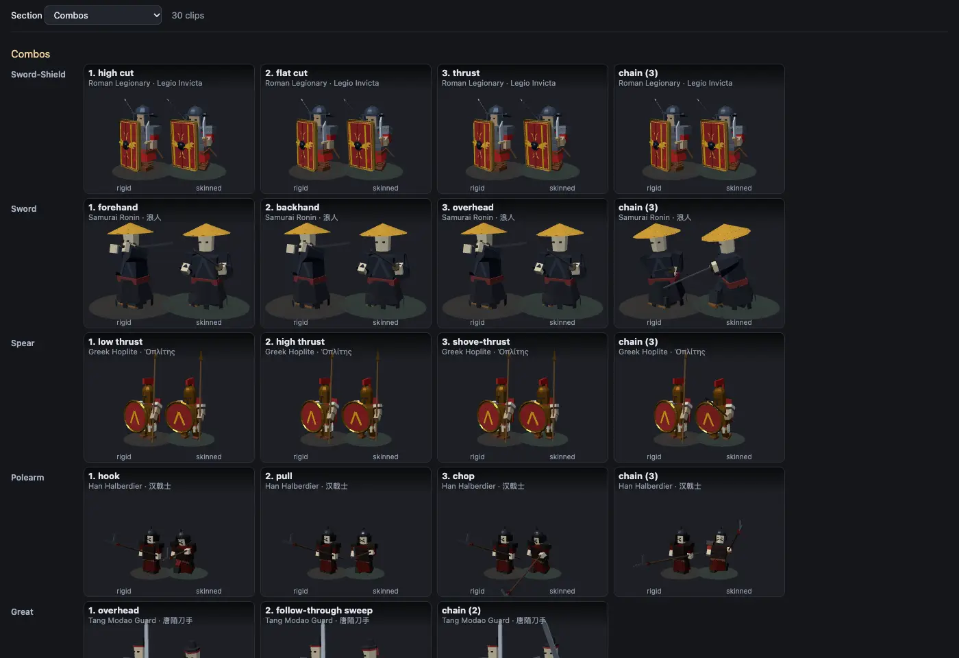 An animation gallery showing combos for a legionary, a samurai, a hoplite and a Han halberdier.