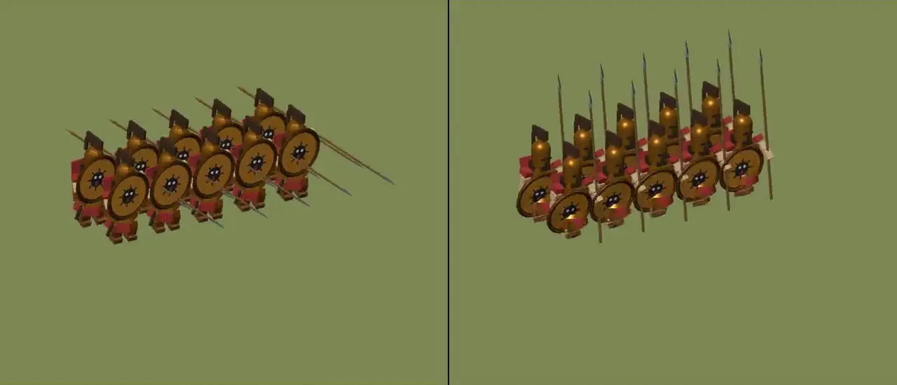 Side-by-side frames of a Spartan phalanx: the new skinned soldiers crouched behind their shields with spears overhand, and the old rigid ones standing straight.