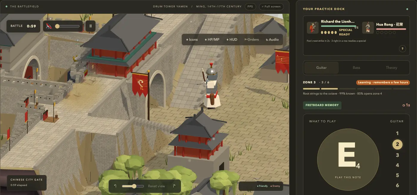 A Hero Duel on the city-gate map, with the duel panel naming Richard the Lionheart and Hua Rong, 花荣, the archer of Liangshan Marsh.