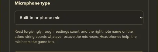 The sound check's microphone type set to "Built-in or phone mic", explaining that it is read forgivingly.