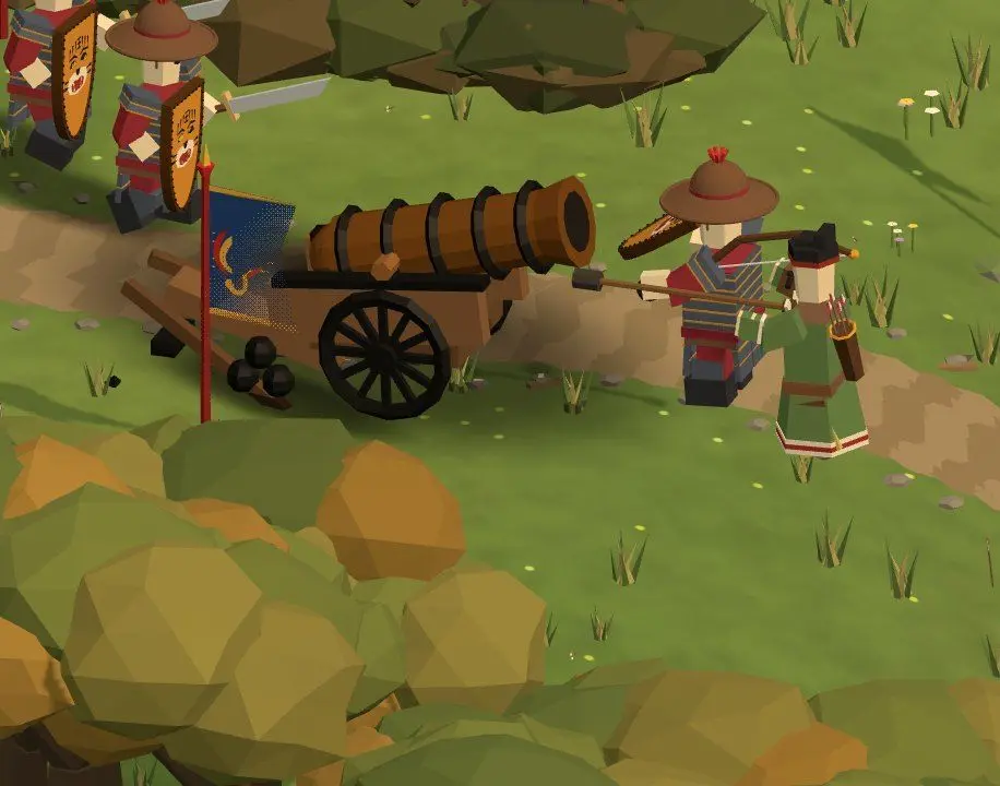 A Ming cannon crew loading their gun beside a road.