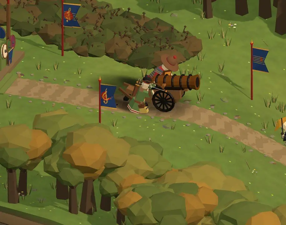 A cannon run out again after firing, crew beside it, among trees.
