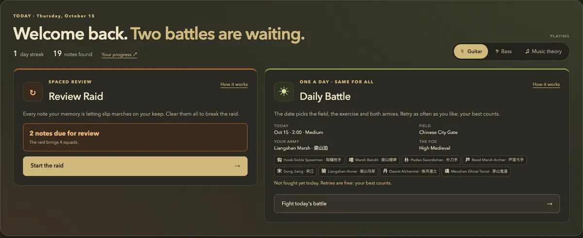 Kaastle's home page, showing today's Daily Battle and Review Raid.